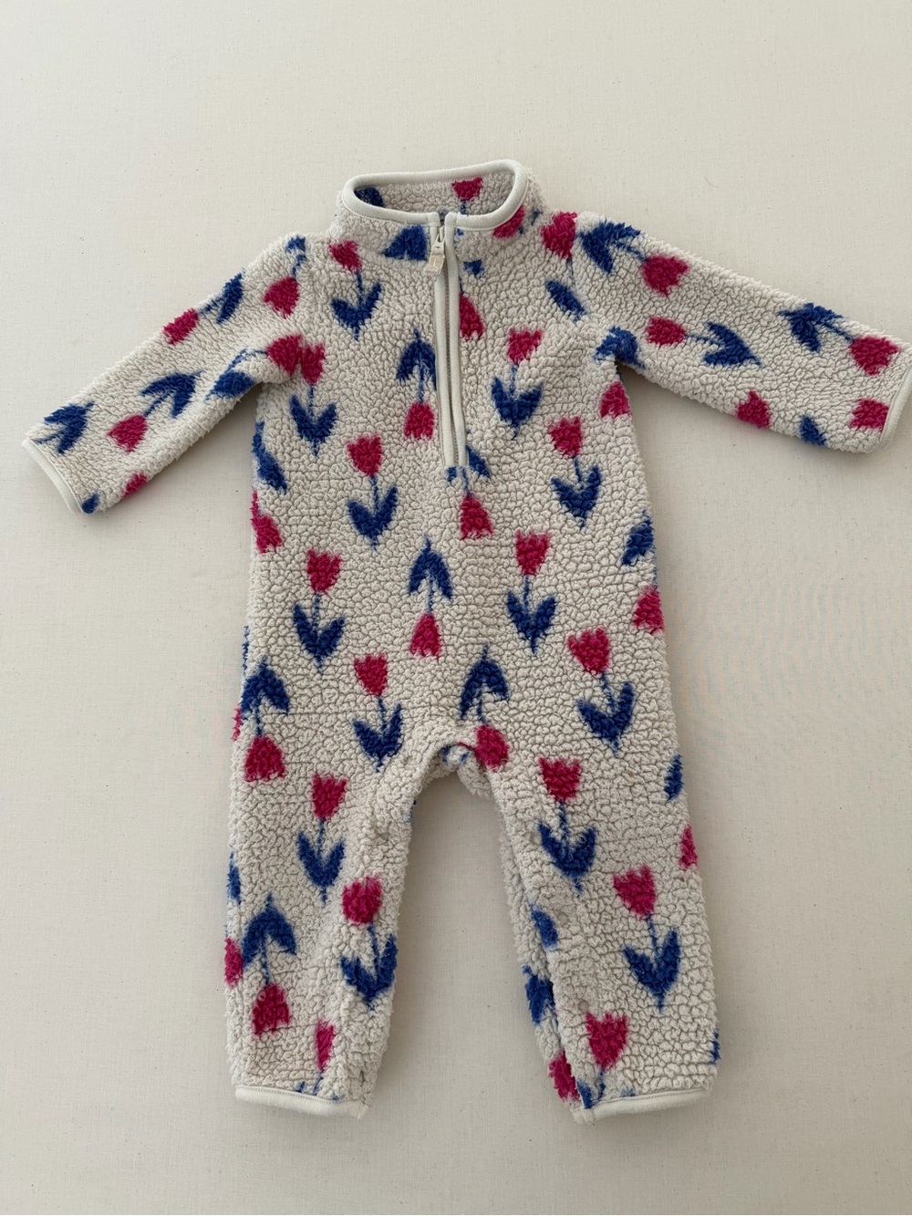 Carter's Cream Sherpa One-Piece with Pink & Blue Tulip Print (Size 12M)